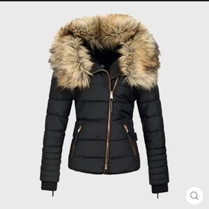 Women's Black Puffer Jacket with Faux Fur Hood